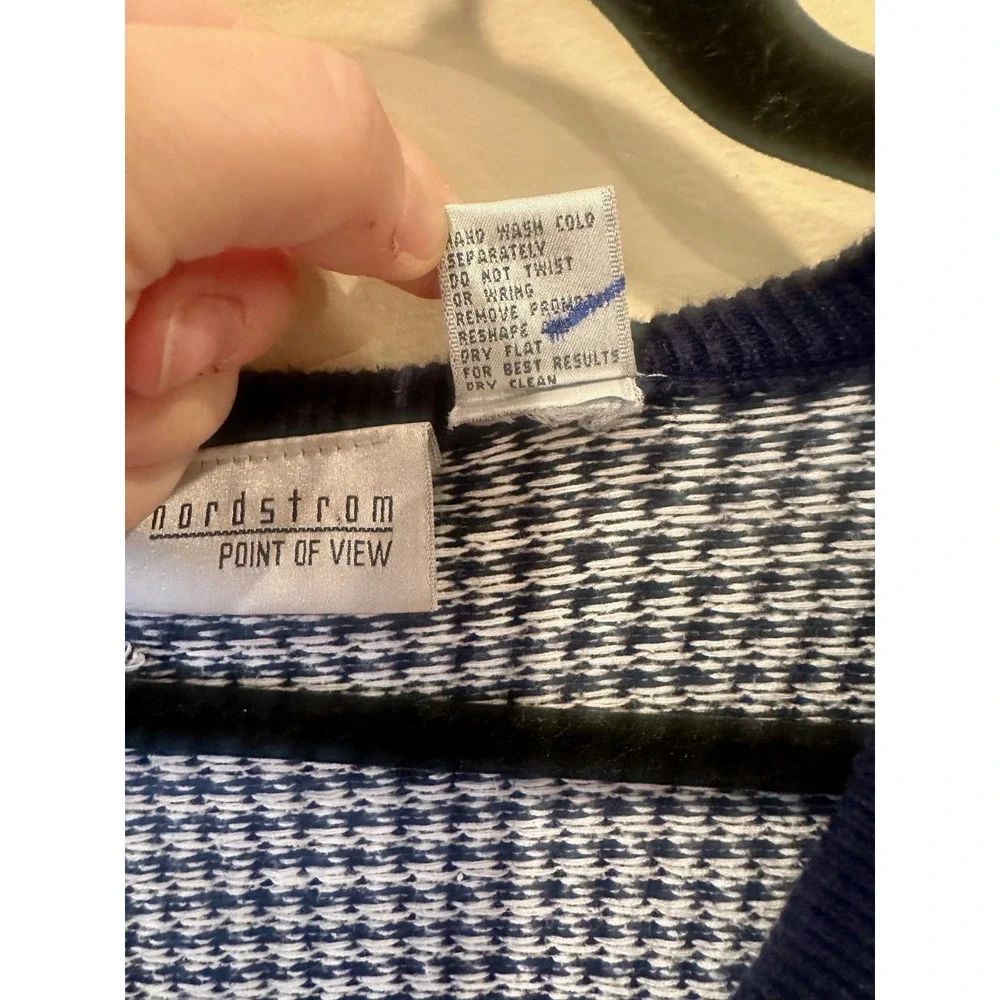 Vtg Nordstrom Point of View Navy Houndstooth‎ Cardigan Sweater Sz M 100% Cotton